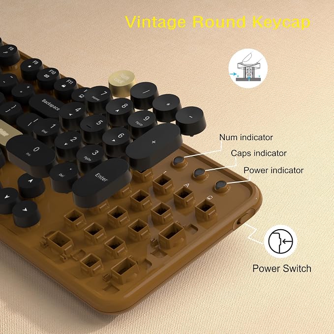 Links9+ Retro Wireless Keyboard and Mouse Combo, 104-Key Full-Size Floating Round Keycaps, 2.4G Plug & Play, USB & Type-C Ready, Ergonomic Set for Mac, Laptop, PC, Windows (Coffee-Black)