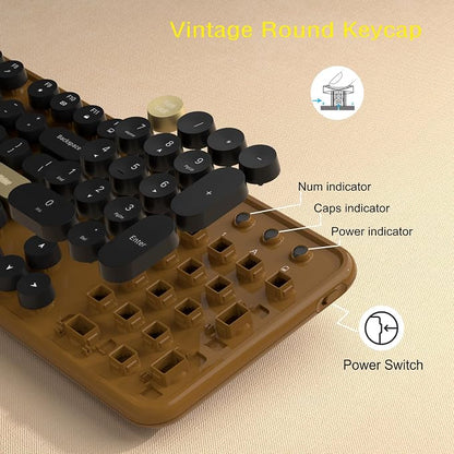 Links9+ Retro Wireless Keyboard and Mouse Combo, 104-Key Full-Size Floating Round Keycaps, 2.4G Plug & Play, USB & Type-C Ready, Ergonomic Set for Mac, Laptop, PC, Windows (Coffee-Black)