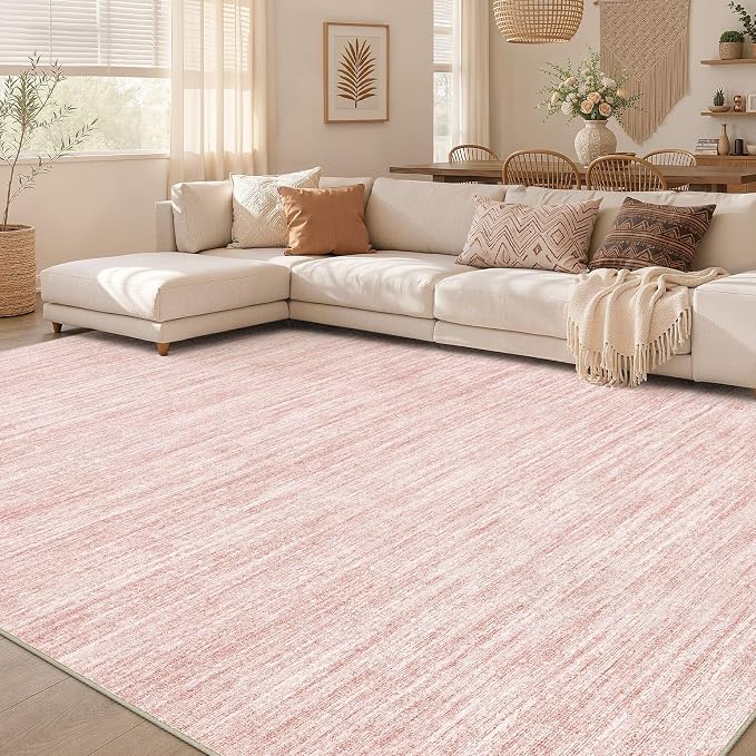 Nakagishi 7X9 Area Rugs Living Room: Washable Large Vintage Rug Neutral Non-Slip Soft Stain Resistant Indoor Carpet for Bedroom Nursery Dining Room Office Playroom - Pink