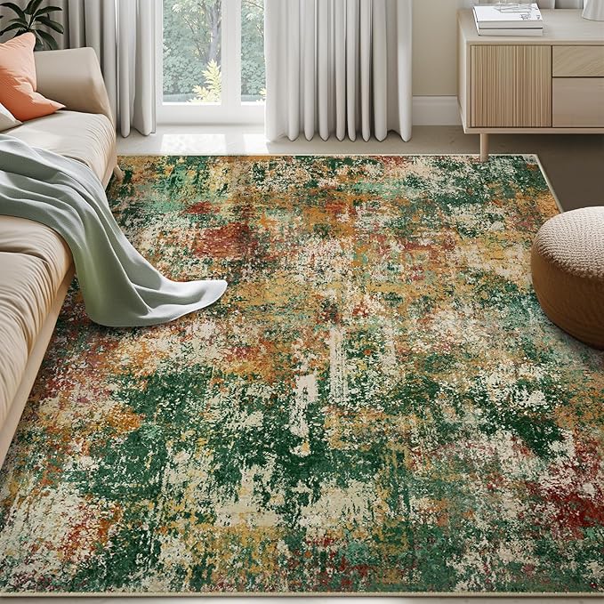 RELEANY Washable Area Rugs 10'x14 Non-Slip Modern Abstract Soft for Living Room Entryway Bedroom Kitchen, Print Pattern, Green Orange Rust Red Cream Colorful