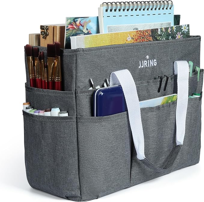 JJRING Craft Organizer Tote Bag, Large Art Storage Caddy with Multiple Pockets, Gray Sewing Bag for Art, Craft, Scrapbooking, School, Medical, and Office Supplies Storage