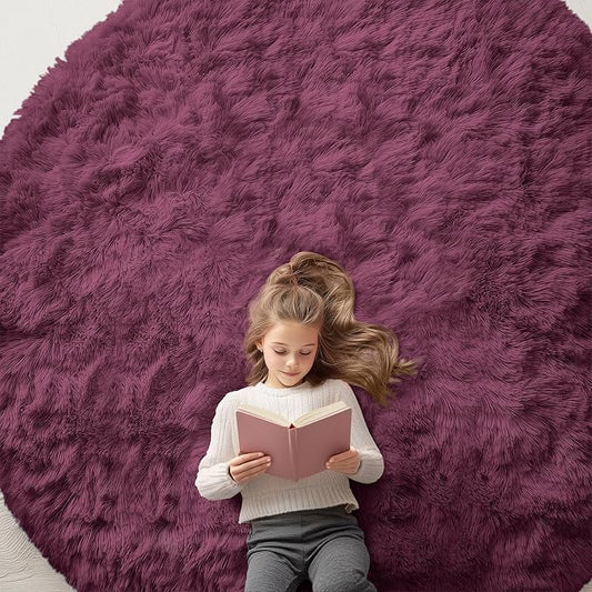 OLANLY Burgundy Round Rugs for Bedroom - Machine Washable, 8 ft Circle Area Rugs for Living Room, Soft and Fluffy Shaggy Carpet for Teen Girls and Boys, Nursery Rooms, Dorms, Home Decor Aesthetic