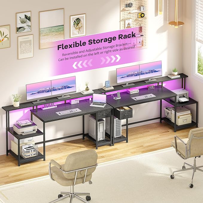 Black Gaming Desk With RGB Lights and 3 AC Power Outlets,Office Computer Desk with 55" Long Monitor Stand,18"Ample Printer Space,Storage Drawer and File Shelves,Study Desk,Bedroom Writing Desk