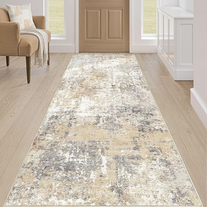 Runner Rug Kitchen Washable Rugs: 2x5 Non-Slip Abstract Soft Modern Stain Resistant Indoor Floor Neutral Accent Throw Carpet for Hallway Bathroom Laundry Room Entryway Bedroom- Gray Gold