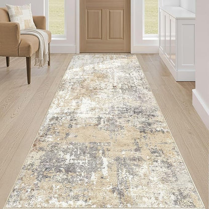 Runner Rug Kitchen Washable Rugs: 2x5 Non-Slip Abstract Soft Modern Stain Resistant Indoor Floor Neutral Accent Throw Carpet for Hallway Bathroom Laundry Room Entryway Bedroom- Gray Gold