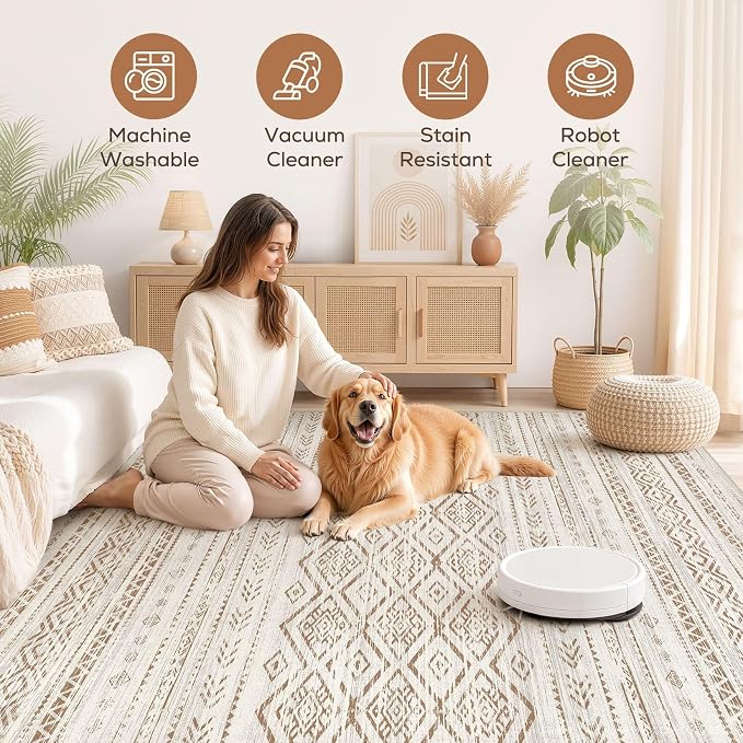 Nakagishi Area Rug Living Room Rugs: 6x9 Large Soft Machine Washable Boho Moroccan FarmNeutral Stain Resistant Indoor Floor Carpet for Bedroom Under Dining Table Home Office Decor-Brown