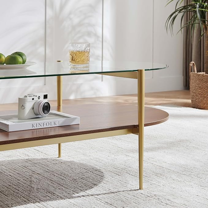 LumFurn X-Large Oval Glass Coffee Table, Mid-Century Modern Design, L47 x W24 x H17 inch, for Living Room, Clear Glass Top and Walnut Finish Wood Shelf, Conical Legs with Gold Finish Frame