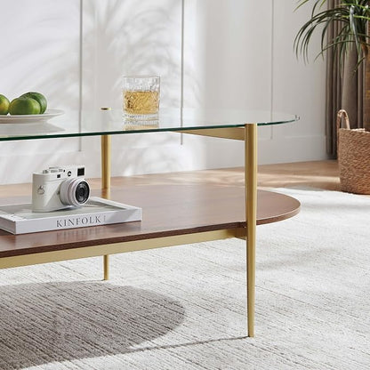 LumFurn X-Large Oval Glass Coffee Table, Mid-Century Modern Design, L47 x W24 x H17 inch, for Living Room, Clear Glass Top and Walnut Finish Wood Shelf, Conical Legs with Gold Finish Frame