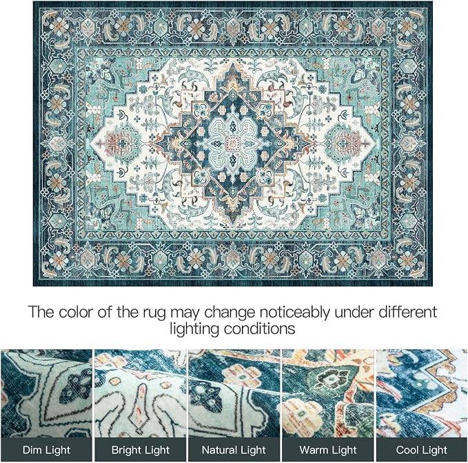 Lofus 8x10 Washable Rugs Non-Slip, Vintage Floral Area Rug for Living Room Bedroom Dining Room Kitchen, Low Pile Distress Print Medallion Carpet Home Decor Rug, Floral Green Beige