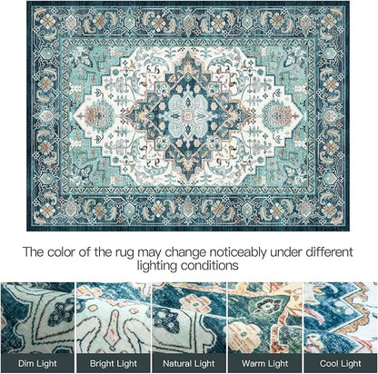 Lofus 5x7 Washable Rugs Non-Slip, Vintage Floral Area Rug for Living Room Bedroom Dining Room Kitchen, Low Pile Distress Print Medallion Carpet Home Decor Rug, Floral Green Beige