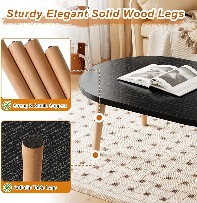 Coffee Table Low Table with Solid Wood Legs, 31.5x19.7 Large Coffee Table Side Table, Floor Table Desk for Sitting on The Floor, Living Room Furniture for Office Apartment Home, Oval Black