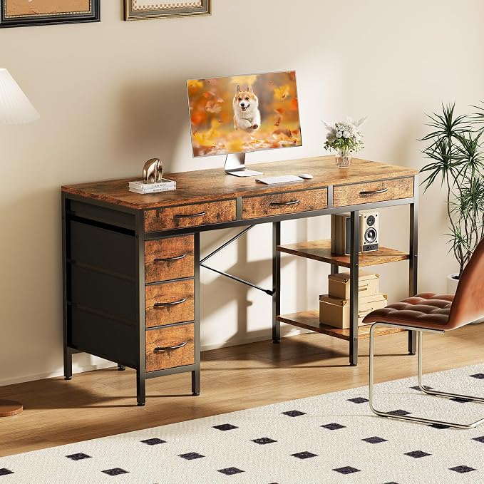 OLIXIS Computer desk with 6 Drawers, 55 inch Office workstation with Storage Shelves, Reversible Gaming setup, Corner table with Storage Drawers, Work for Home Office, Study, Living Room, Rustic Brown