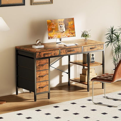 OLIXIS Computer desk with 6 Drawers, 55 inch Office workstation with Storage Shelves, Reversible Gaming setup, Corner table with Storage Drawers, Work for Home Office, Study, Living Room, Rustic Brown