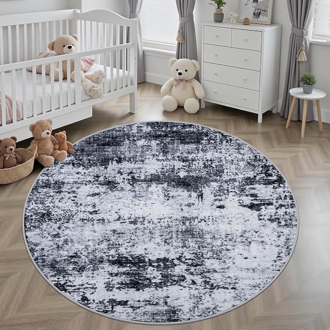 Round Area Rug for Living Room: 6 ft Washable Modern Abstract Soft Thin Rug Indoor Floor No Slip Stain Resistant Carpet for Bedroom Dining Room Farmhouse Nursery Home Office - Black