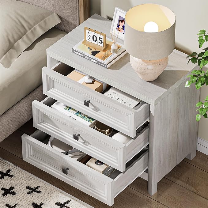 White Nightstand Set of 2, Farmhouse Night Stand with 3 Drawers, Modern Bedside Table with Metal Knobs, Large End Table for Living Room Bedroom Home Office Furniture Storage