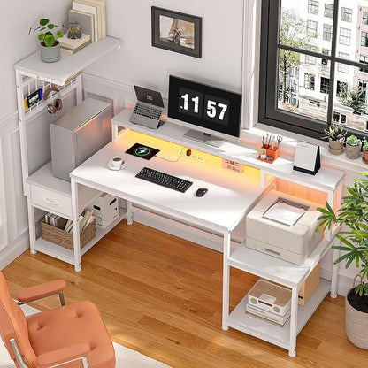 DurayLoly 55" Computer Desk with LED Lights & Outlets,Office Desk with Drawers & Monitor Stand,Gaming Desk with 3 Storage Shelves, Hooks& Printer Space for Game&Study Room,Home Office,Bedroom,White