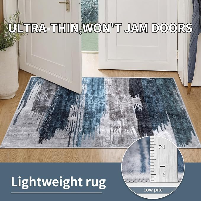 Ciicool 4ft Round Washable Rug, Modern Abstract Circle Rugs, Non-Slip Thin Low-Pile Rug Navy Grey Circular Print Distressed Carpet for Bedroom Living Room Under Dining Table Home Office Decor