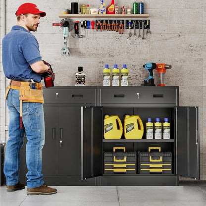 BESFUR Metal Storage Cabinet with Doors and Shelves, 36" H Locking Storage Cabinet with 1 Drawers, Reinforced Heavy Duty Metal Cabinets for Garage, Office, Home(Black)