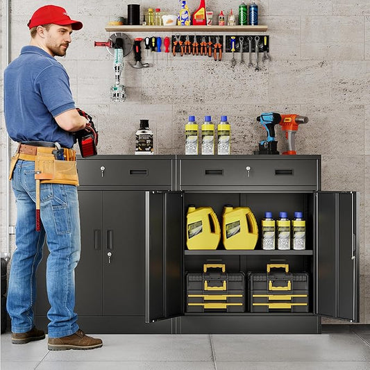 BESFUR Metal Storage Cabinet with Doors and Shelves, 36" H Locking Storage Cabinet with 1 Drawers, Reinforced Heavy Duty Metal Cabinets for Garage, Office, Home(Black)