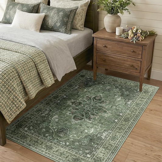 RELEANY Area Rugs 3'x5' Washable Non-Slip, Floral Vintage Distress Medallion Carpet for Living Room Bedroom Dining Room, Dark Green Gray