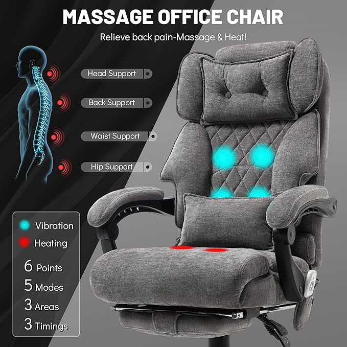 Massage Office Chair with Foot Rest,6 Points Vibration & Heat Executive Office Chairs,Big and Tall Fabric Office Chair 500LBS,Ergonomic Desk Chair for Heavy People,Recliner with Dual-Use Pillow,Grey