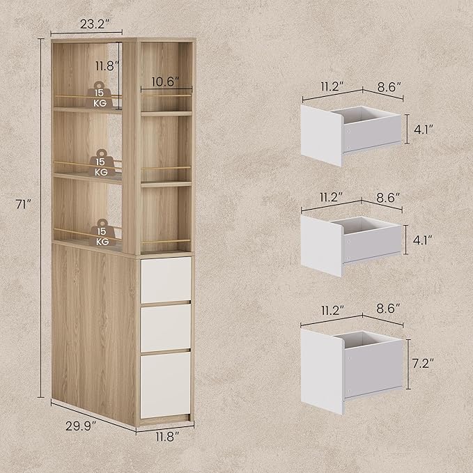 ModernMate Furniture Set, 70.8'' Executive Standing Desk with 71'' Tall Bookcase, AC/USB, File Cabinet, Double-Sided Narrow Display Shelves, Home Office Wood Storage Furniture, Light Walnut
