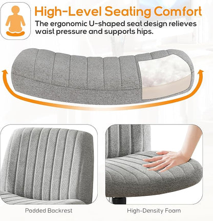 DUMOS Criss Cross Chair No Wheels Legged Office Wide Comfy Desk Vanity Chair, Armless Computer Task Seating, Swivel Home Height Adjustable for Bedroom, Study, Grey Fabric