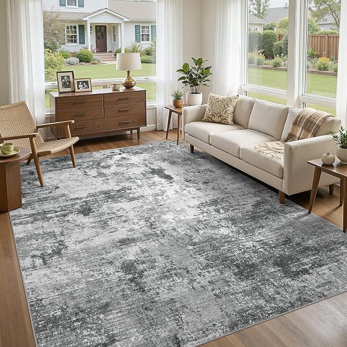 UERMEI 10x14 Area Rug for Living Room - Washable Neutral Modern Abstract Carpet, Non-Slip Soft Large Indoor Floor Rugs for Bedroom Home Office & Under Dining Table Decor, Grey Black