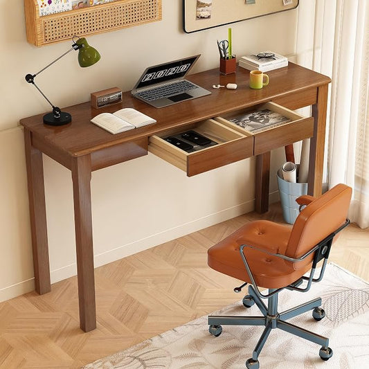 100% Solid Wood Desk with Drawers 47 Inch Mid Century Modern Desk Vintage Writing Wooden Desks for Small Spaces Bedroom, Living Room, Office