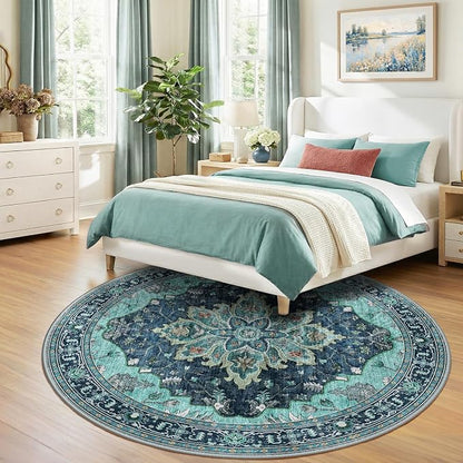 RELEANY Area Rugs Round 8ft Washable Non-Slip, Floral Vintage Distress Medallion Carpet for Living Room Bedroom Dining Room, Teal Green Lake Blue Turquoise