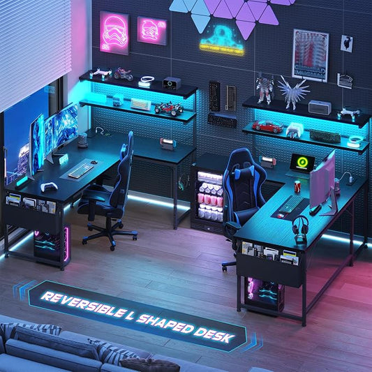 DurayLoly 53 Inch L Shaped Desk Gaming Desk with LED Light & 5 Power Outlet, Reversible Computer Desk with Shelf & Storage Bag Gamer Corner Desk with Headphone Hook for Gaming Room,Small Space,Black