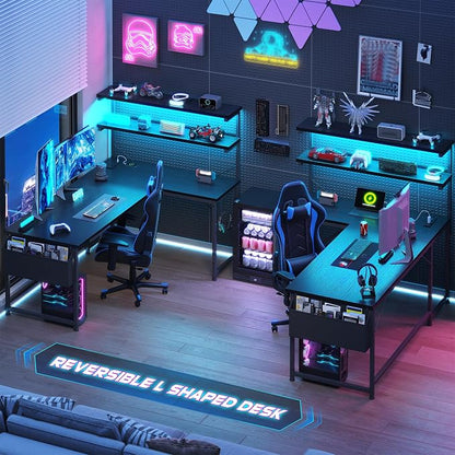 DurayLoly L Shaped Gaming Desk with No Side Bar Shelf for Small Space,Black | Open-Side Storage Rack with Printer Space and Hooks, Neat Arrangement & High Space Utilization