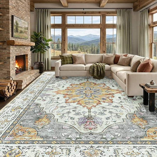 RELEANY Area Rugs Large 10'x12' Washable Non-Slip, Floral Vintage Distress Medallion Carpet for Living Room Bedroom Dining Room, Beige Carbon Grey Orange