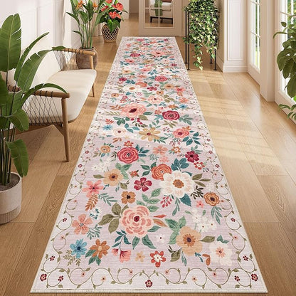 DUKINO 3x12 Washable Runner Rug, Non Slip Soft Floral Hallway Runner Rug with Non Shedding Design, Low Pile Long Floor Carpet for Kitchen, Hallway, Bathroom, Entryway, Laundry, Beige
