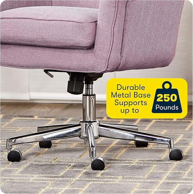 Serta Ashland Home Office Desk Chair with Button Tufted Mid-Back, Memory Foam Cushion and Padded Arms, Mid Century Modern Vanity Armchair with Wheels for Bedroom, Chrome Metal Base, Lilac