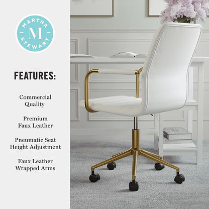 Martha Stewart Taytum Swivel Task Chair with Armrests for Home Office in White Faux Leather with Polished Brass Frame