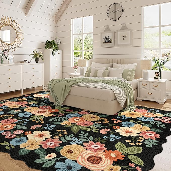 DUKINO 8x10 Area Rug, Floral Washable Rugs for Living Room with Non Slip Backing & Non-Shedding, Lightwight Low Pile Boho Design Large Carpets for Bedroom, Living Room, Dining Room, Black
