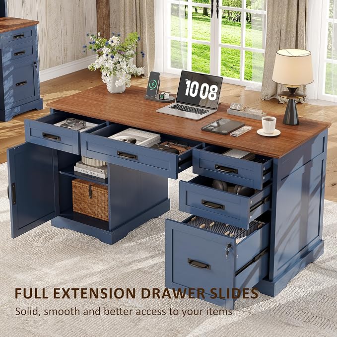 Whalefall 55'' Farmhouse Desk Home Office with Drawers, Blue | Executive Computer Desk with File Cabinet and Charging Station, Wooden Small Desk with Locking Drawers Storage