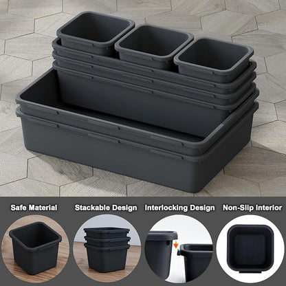QUELIEN Desk Drawer Organizer Tray Set, 8PCS Plastic Drawer Organizer Bins for Office, Makeup, Kitchen - Gray Blue Desk Organizer with Flexible Interlocking Design for Efficient (Gray Blue, 8PCS)