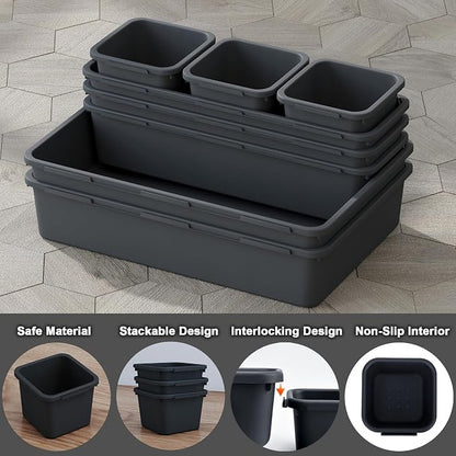 QUELIEN Desk Drawer Organizer Tray Set, 16PCS Plastic Drawer Organizer Bins for Office, Makeup, Kitchen - Gray Blue Desk Organizer with Flexible Interlocking Design for Efficient (Gray Blue, 16PCS)