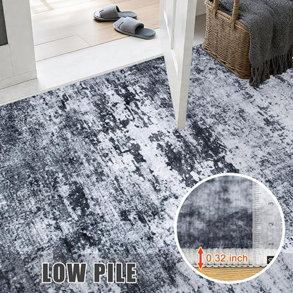 8x8 Area Rug Living Room Rug: Washable Modern Abstract Soft Thin Rug Indoor Floor No Slip Stain Resistant Carpet for Bedroom Dining Room Farmhouse Nursery Home Office - Black