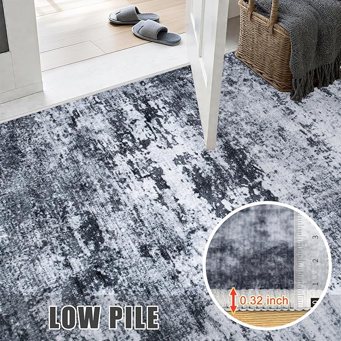 6x6 Area Rug Living Room Rug: Washable Modern Abstract Soft Thin Rug Indoor Floor No Slip Stain Resistant Carpet for Bedroom Dining Room Farmhouse Nursery Home Office - Black