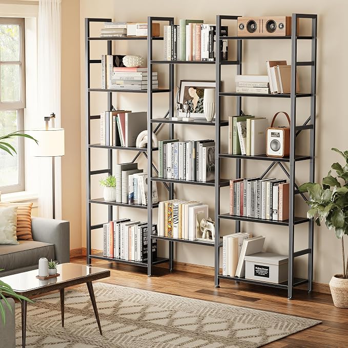 SUPERJARE Triple Bookshelf, Bookcase with 14 Open Display Shelves, Wide Book Shelf Book Case for Home & Office, 5 Tier, Black
