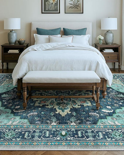 RELEANY Area Rugs Large 9'x12' Washable Non-Slip, Floral Vintage Distress Medallion Carpet for Living Room Bedroom Dining Room, Teal Green Lake Blue Turquoise