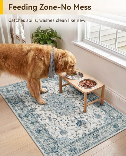 RELEANY Area Rugs Small 2'x3' Washable Non-Slip, Floral Vintage Distress Medallion Carpet for Kitchen Entryway Bathroom, Light Blue Navy Gray White