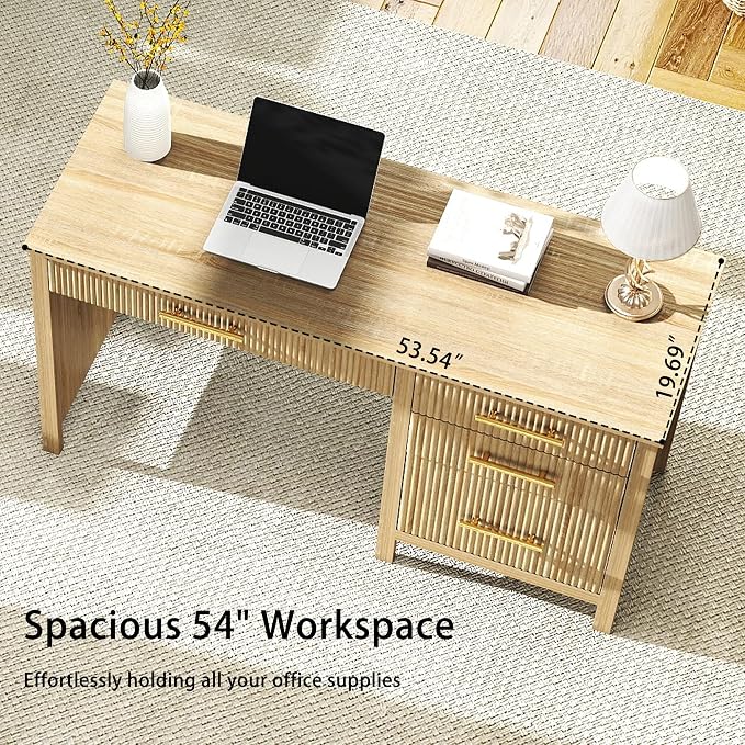 Fluted Executive Desk with Drawers: 54" Oak Home Office Desks with File Drawers, Modern Computer Desk with Gold Handles, Writing Table for Study, Living Room (Oak, 54")