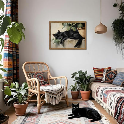 Framed Black Cat Wall Art, Vintage Sleeping Cat Picture Wall Decor, Cute Animal Poster Canvas Prints, Rustic Plant Paintings Artwork for Living room Bedroom Bathroom Decor – 12x16 inch
