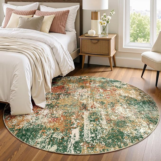 RELEANY Washable Area Rugs 4ft Non-Slip Modern Abstract Soft for Living Room Entryway Bedroom Kitchen, Print Pattern, Green Orange Rust Red Cream Colorful