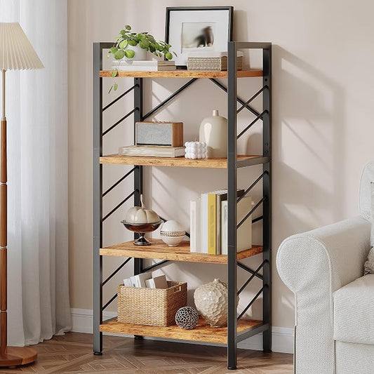 DurayLoly 4 Tier Book Shelf, Industrial Bookcases with Metal Frame and Sidebars, Small Bookshelf for Bedroom, Home Office and Living Room, Rustic Brown