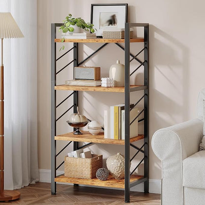 DurayLoly 2 Pieces 4 Tier Bookshelf, Industrial Bookcase with Metal Frame and Sidebars, Small Bookshelf for Bedroom, Home Office and Living Room, Rustic Brown